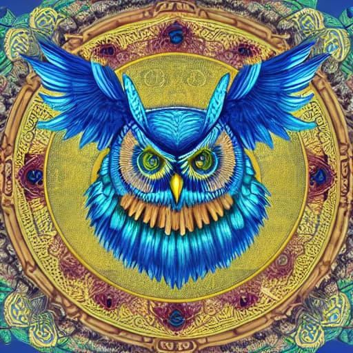  A blue owl with a gold circle and the word owl on it. hyperrealistic, full body, detailed clothing, highly detailed, cinematic lighting, stunningly beautiful, intricate, sharp focus, f/1. 8, 85mm, (centered image composition), (professionally color graded), ((bright soft diffused light)), volumetric fog, trending on instagram, trending on tumblr, HDR 4K, 8K