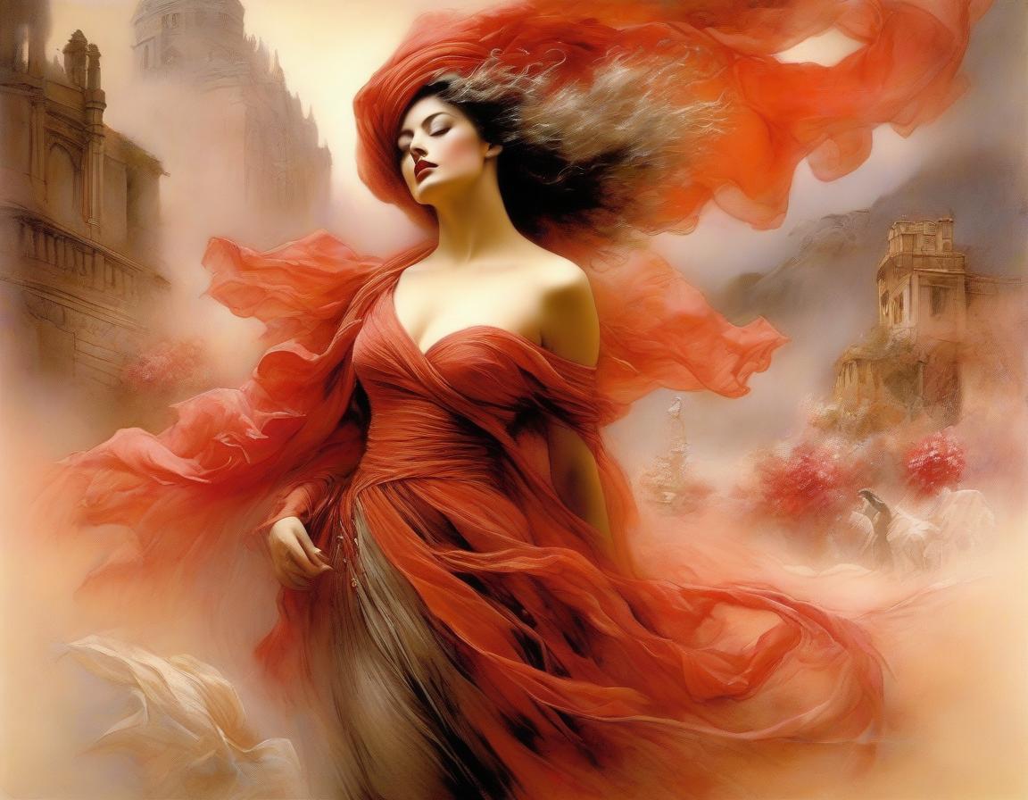  surrealist art depict an spanish woman, dancing, flowing floral scarf, elegant body lining. the backdrop is an ethereal spanish dreamscape of soft tones crimson, red, off white, magenta, grey. highly detailed. magic realism. alchemy. pastels, pen, ink and wash. luis royo, joaquin sorolla, georgia o’keeffe, arthur rackham. highest quality . dreamlike, mysterious, provocative, symbolic, intricate, detailed hyperrealistic, full body, detailed clothing, highly detailed, cinematic lighting, stunningly beautiful, intricate, sharp focus, f/1. 8, 85mm, (centered image composition), (professionally color graded), ((bright soft diffused light)), volumetric fog, trending on instagram, trending on tumblr, HDR 4K, 8K