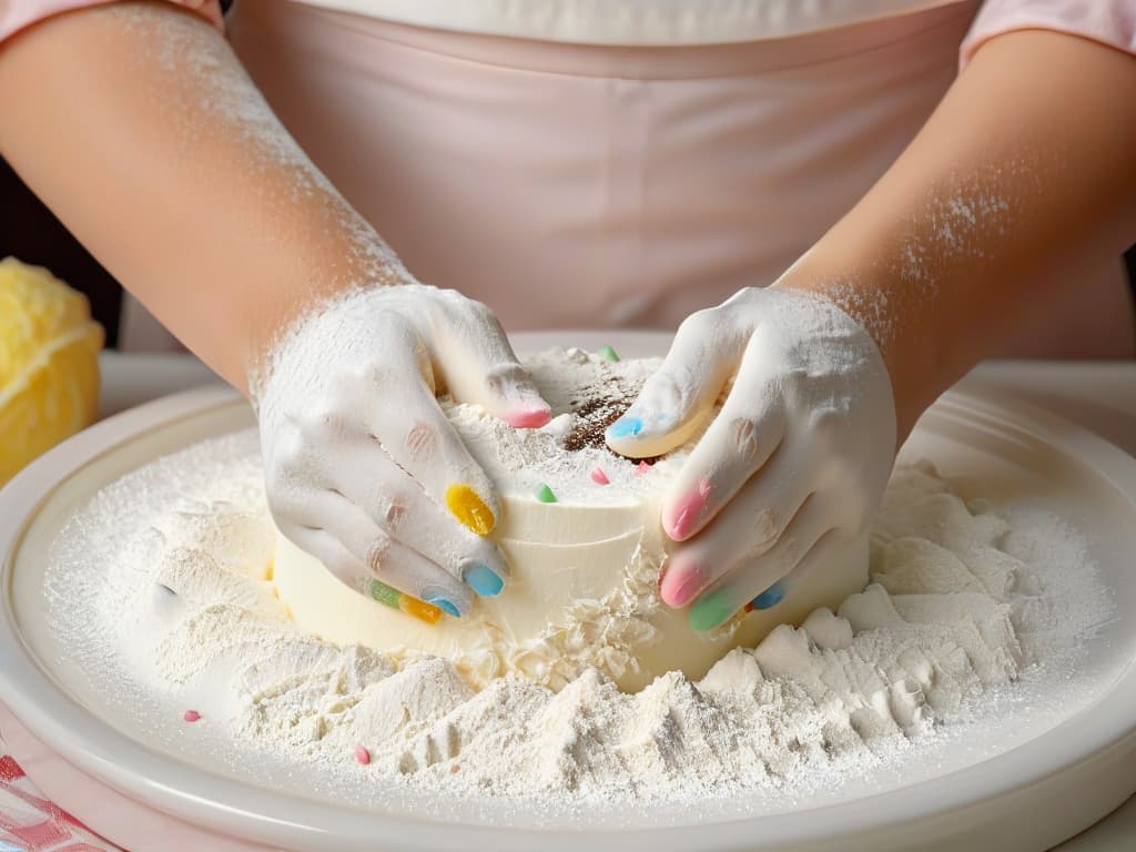  An ultradetailed, minimalist image of a child's hands covered in flour, gently patting dough on a marble countertop, with a scattering of colorful sprinkles and cookie cutters in the background. hyperrealistic, full body, detailed clothing, highly detailed, cinematic lighting, stunningly beautiful, intricate, sharp focus, f/1. 8, 85mm, (centered image composition), (professionally color graded), ((bright soft diffused light)), volumetric fog, trending on instagram, trending on tumblr, HDR 4K, 8K