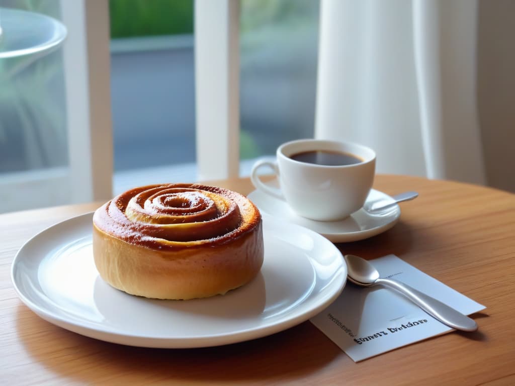  A serene and minimalistic image of a cozy Swedish fika setting, featuring a simple wooden table adorned with a white ceramic coffee cup, a saucer, a silver spoon, and a freshly baked cinnamon bun. The background showcases a lightfilled room with large windows, allowing natural light to gently illuminate the scene, creating a warm and inviting atmosphere. hyperrealistic, full body, detailed clothing, highly detailed, cinematic lighting, stunningly beautiful, intricate, sharp focus, f/1. 8, 85mm, (centered image composition), (professionally color graded), ((bright soft diffused light)), volumetric fog, trending on instagram, trending on tumblr, HDR 4K, 8K