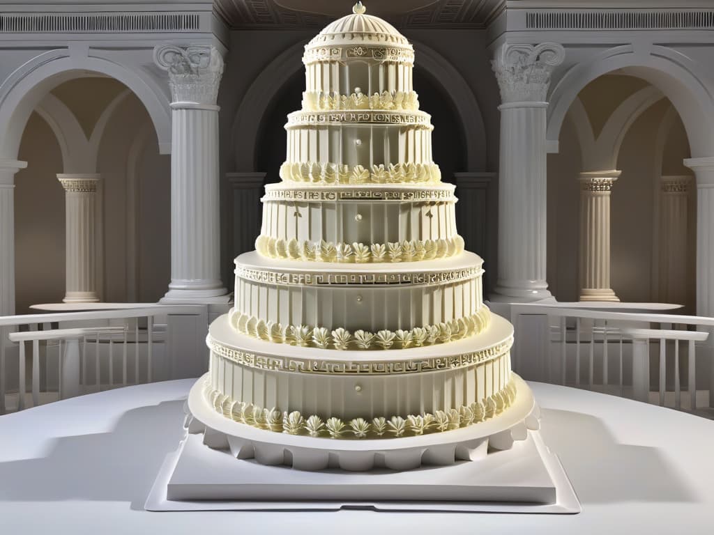  An ultradetailed 8k image of a meticulously crafted wedding cake inspired by classical Greek architecture, featuring intricate columns, delicate arches, and ornate details reminiscent of ancient temples. The cake is elegantly displayed on a pristine white pedestal, with soft lighting casting subtle shadows to enhance the sculptural quality of the design. The overall aesthetic is a harmonious blend of traditional craftsmanship and modern minimalism, showcasing the timeless influence of classical art in the realm of pastry creation. hyperrealistic, full body, detailed clothing, highly detailed, cinematic lighting, stunningly beautiful, intricate, sharp focus, f/1. 8, 85mm, (centered image composition), (professionally color graded), ((bright soft diffused light)), volumetric fog, trending on instagram, trending on tumblr, HDR 4K, 8K