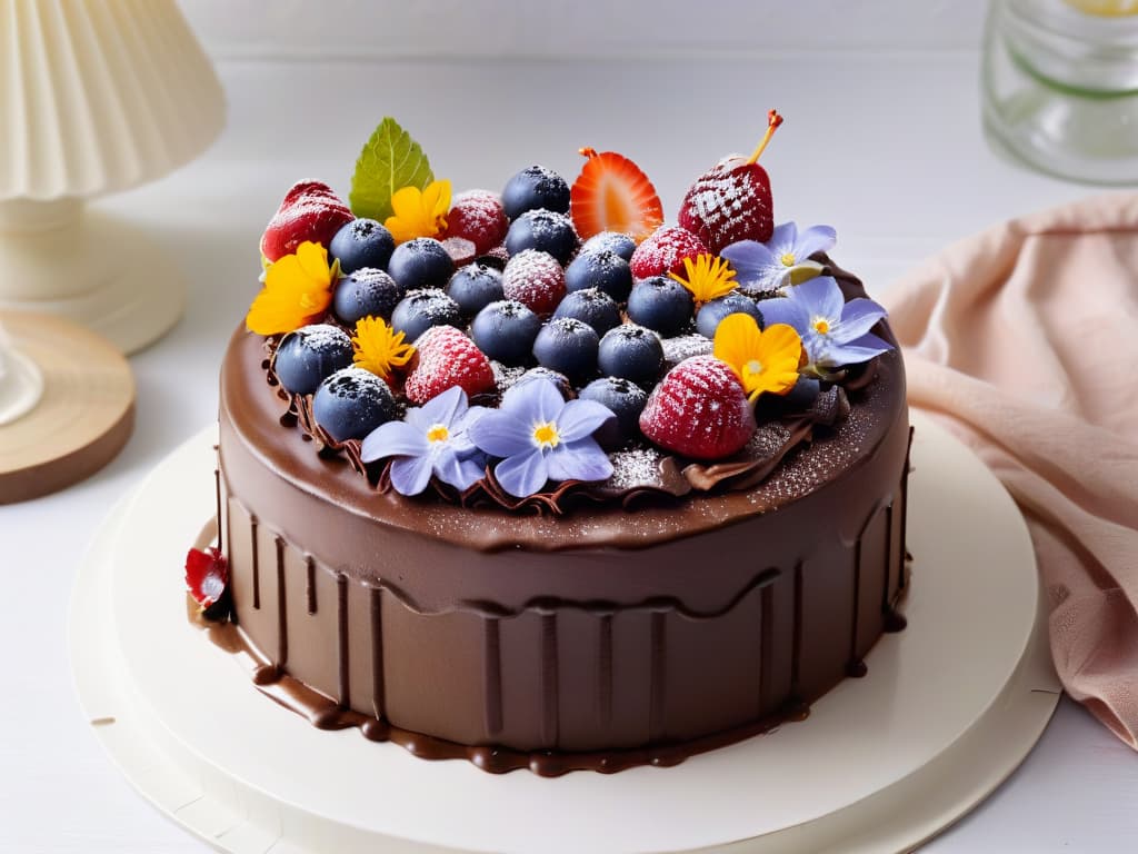  A highresolution, ultradetailed image of a beautifully decorated vegan chocolate cake, topped with fresh berries and edible flowers, set on a sleek, modern white cake stand. The cake is intricately frosted with a smooth, glossy vegan chocolate ganache, and the berries glisten with a light sugar glaze. The background is softly blurred to keep the focus on the exquisite details of the dessert, showcasing the artistry and elegance of vegan baking. hyperrealistic, full body, detailed clothing, highly detailed, cinematic lighting, stunningly beautiful, intricate, sharp focus, f/1. 8, 85mm, (centered image composition), (professionally color graded), ((bright soft diffused light)), volumetric fog, trending on instagram, trending on tumblr, HDR 4K, 8K