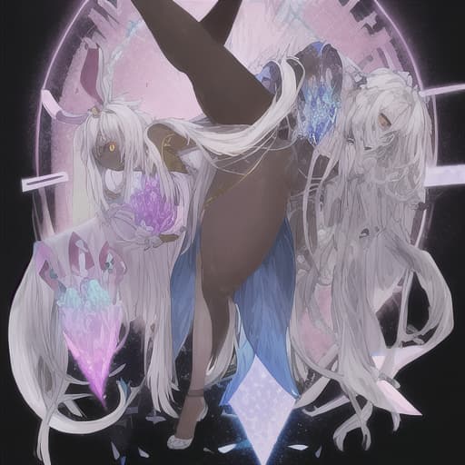 An archmage woman, dark skin, tall and with large and a, with long silver hair, with rabbit ears instead of human ears, these ears will be large and will be downward facing from where the human ears would be, she will have eyes blue and an electric blue and gold aura around it, in the background it will have pink crystals, make the full body image