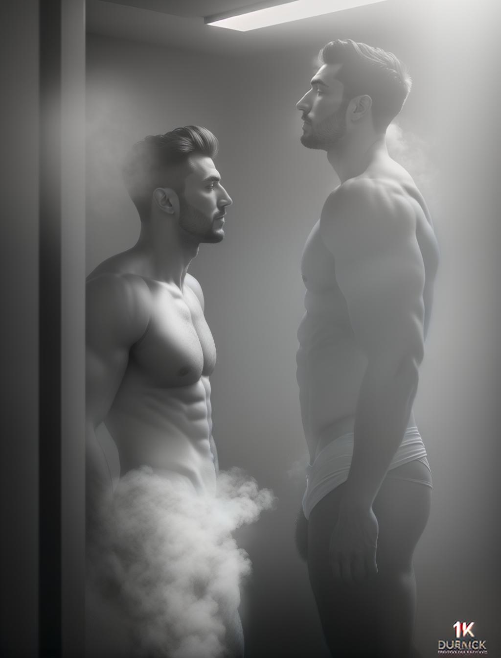  Hunks in restroom. Kissing each other, (high detailed skin:1.2), 8k uhd, dslr, soft lighting, high quality, film grain, Fujifilm XT3 hyperrealistic, full body, detailed clothing, highly detailed, cinematic lighting, stunningly beautiful, intricate, sharp focus, f/1. 8, 85mm, (centered image composition), (professionally color graded), ((bright soft diffused light)), volumetric fog, trending on instagram, trending on tumblr, HDR 4K, 8K