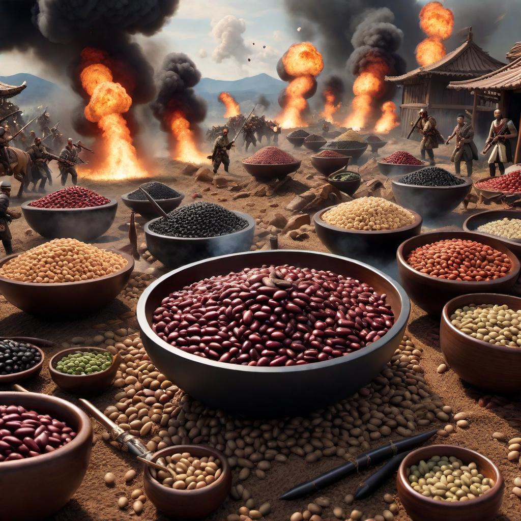  An imaginary world where beans are engaged in a dramatic and intense war. Visualize different types of beans (like black beans, pinto beans, kidney beans, etc.) equipped with tiny weapons and engaged in a battle scene. Include explosions, smoke, and a chaotic battlefield background. hyperrealistic, full body, detailed clothing, highly detailed, cinematic lighting, stunningly beautiful, intricate, sharp focus, f/1. 8, 85mm, (centered image composition), (professionally color graded), ((bright soft diffused light)), volumetric fog, trending on instagram, trending on tumblr, HDR 4K, 8K