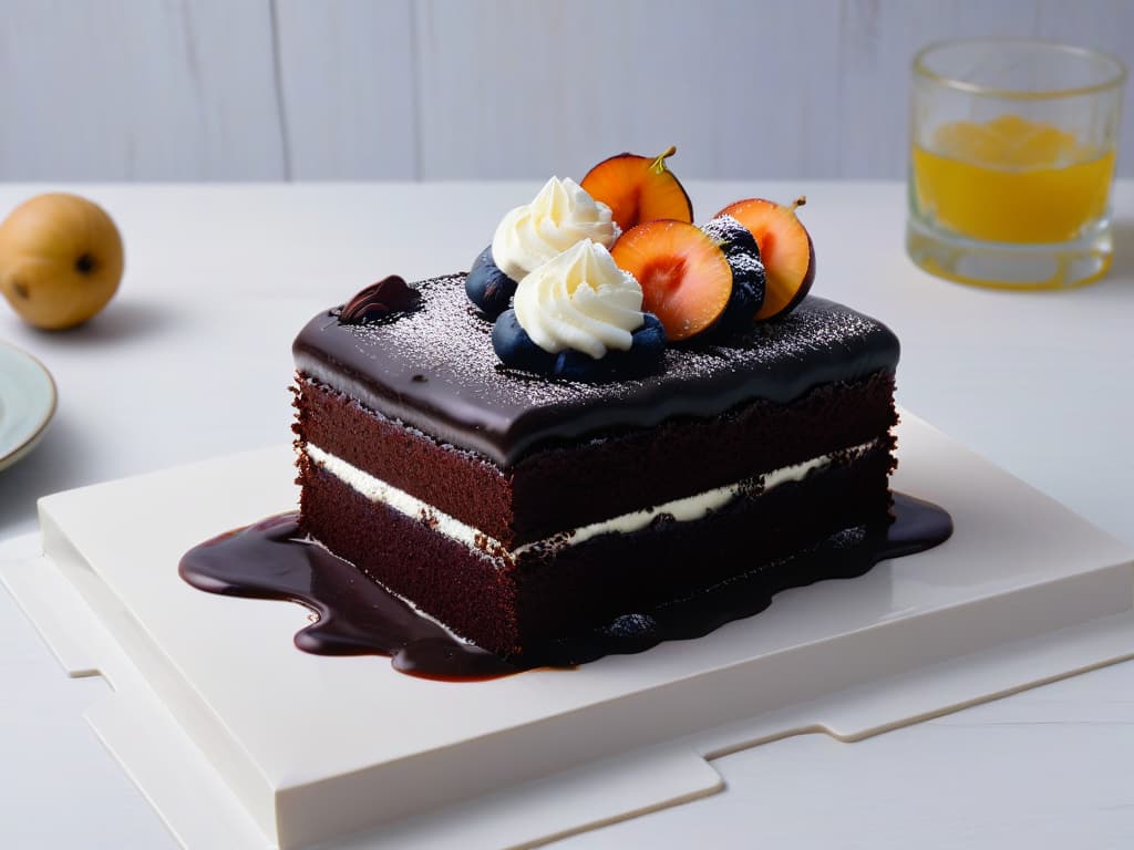  A minimalist and elegant closeup photograph of a slice of rich, dark chocolate cake topped with a delicate dollop of whipped cream, adorned with a single ripe zapote negro fruit sitting gracefully on the side. The glossy texture of the cake and the vibrant, deep color of the zapote negro create a visually striking contrast, with subtle shadows adding depth to the composition. The image conveys a sense of sophistication and mystery, perfectly complementing the tone and theme of the article. hyperrealistic, full body, detailed clothing, highly detailed, cinematic lighting, stunningly beautiful, intricate, sharp focus, f/1. 8, 85mm, (centered image composition), (professionally color graded), ((bright soft diffused light)), volumetric fog, trending on instagram, trending on tumblr, HDR 4K, 8K