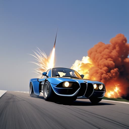  A BMW CE 02 in the air with an explosion in the background