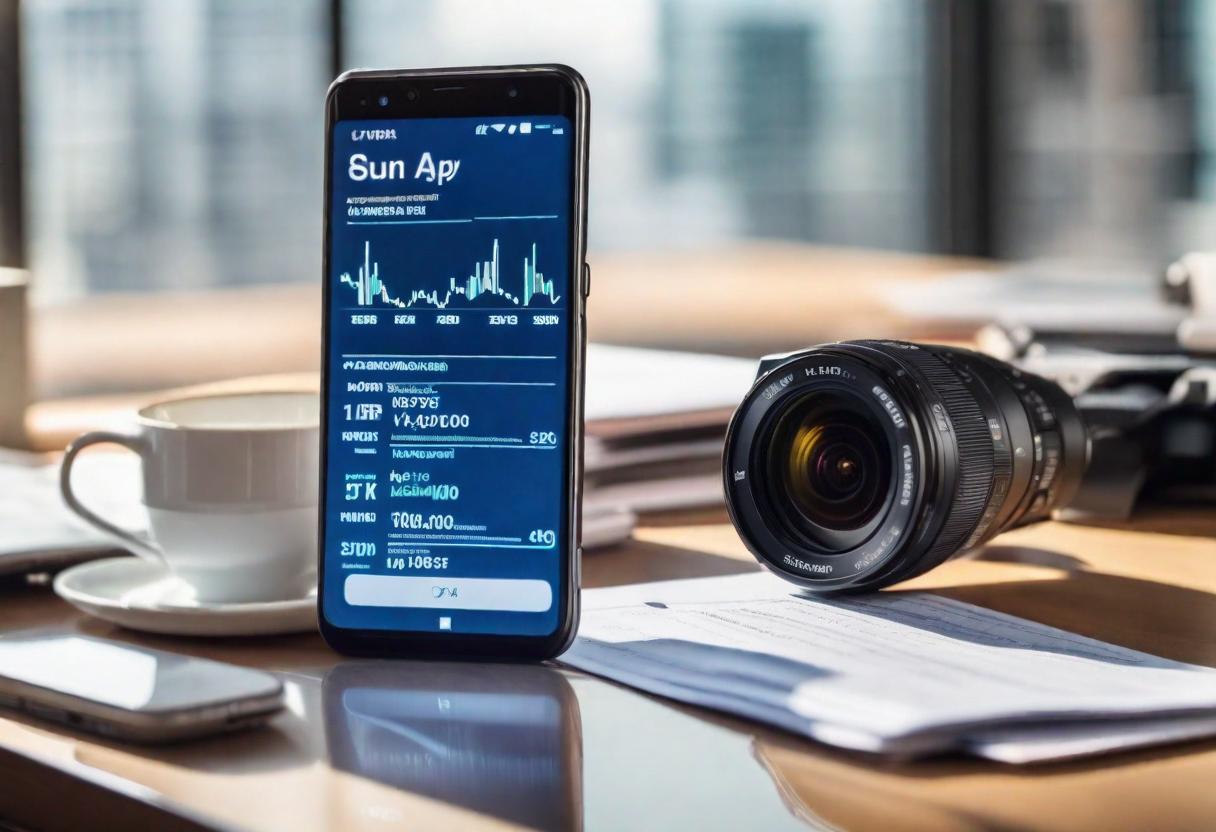  UHD stock photography, extremly realistic, 8K resolution, natural sun lighting during midday, professional, extremely detailed, An open pixpay app on a smartphone laying on a modern gldesk, surrounded by financial newspapers and digital financial charts in the background, daytime, bright and clean atmosphere, use a Sony FE 85mm