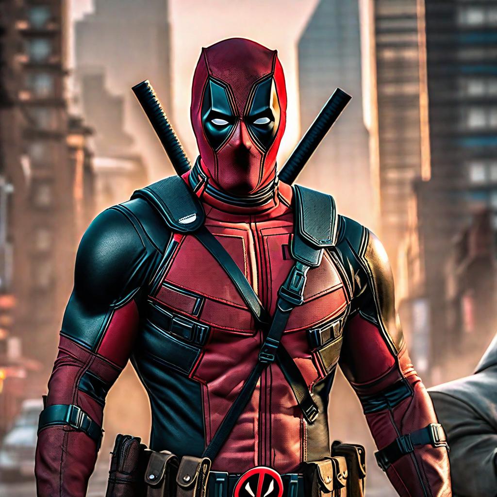  Deadpool against the world hyperrealistic, full body, detailed clothing, highly detailed, cinematic lighting, stunningly beautiful, intricate, sharp focus, f/1. 8, 85mm, (centered image composition), (professionally color graded), ((bright soft diffused light)), volumetric fog, trending on instagram, trending on tumblr, HDR 4K, 8K