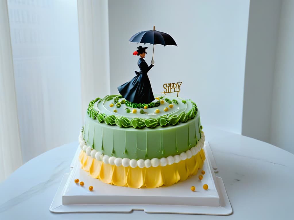  A minimalistic image showing a sleek, modern kitchen with a marble countertop. In the center, a beautifully decorated cake resembling Mary Poppins' flying cake, delicately placed on a cake stand. Soft natural light filters through a nearby window, casting a gentle glow on the cake's intricate details. The overall aesthetic exudes elegance and sophistication, inspiring viewers to recreate this culinary masterpiece in their own kitchens. hyperrealistic, full body, detailed clothing, highly detailed, cinematic lighting, stunningly beautiful, intricate, sharp focus, f/1. 8, 85mm, (centered image composition), (professionally color graded), ((bright soft diffused light)), volumetric fog, trending on instagram, trending on tumblr, HDR 4K, 8K