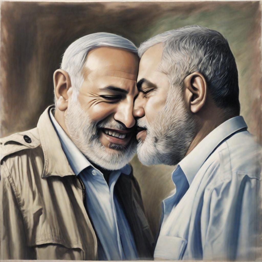  A kiss between Binyamin Netanyahu and Ismail Haniya, Ismail Haniya has a beard, full colour, as if taken by camera with flashlight, analogue realism