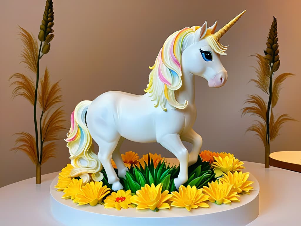  An intricately detailed sugar sculpture of a majestic unicorn, standing tall with flowing mane and delicate horn, surrounded by a garden of vibrant sugar flowers in full bloom. The unicorn's eyes are lifelike and seem to sparkle with magic, while the flowers exhibit a stunning array of colors and textures, showcasing the artist's skill and creativity in sugar sculpting. The overall composition exudes a sense of whimsy and enchantment, making it a truly captivating piece for any sugar artist or enthusiast. hyperrealistic, full body, detailed clothing, highly detailed, cinematic lighting, stunningly beautiful, intricate, sharp focus, f/1. 8, 85mm, (centered image composition), (professionally color graded), ((bright soft diffused light)), volumetric fog, trending on instagram, trending on tumblr, HDR 4K, 8K