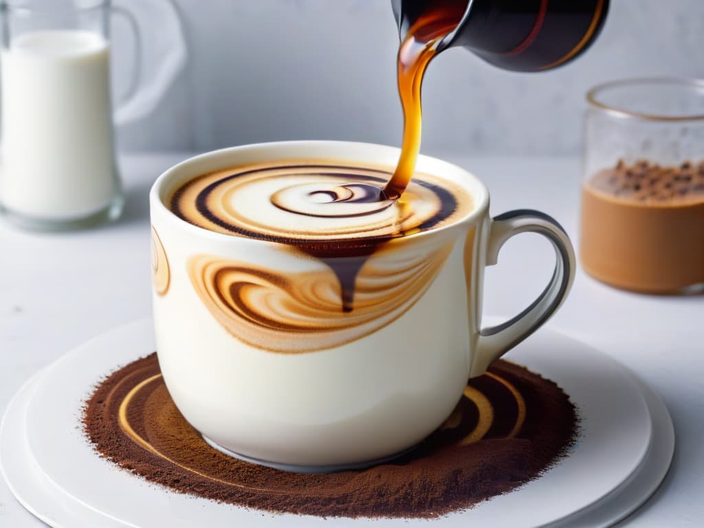  A closeup, ultrahighresolution image of a perfectly frothed dairyfree milk alternative cascading into a cup of freshly brewed espresso, capturing the intricate swirls and layers forming a beautiful, minimalist composition. The contrasting textures of the creamy milk and the dark coffee create an elegant and visually striking image, emphasizing the versatility and sophistication of plantbased milk options in modern culinary practices. hyperrealistic, full body, detailed clothing, highly detailed, cinematic lighting, stunningly beautiful, intricate, sharp focus, f/1. 8, 85mm, (centered image composition), (professionally color graded), ((bright soft diffused light)), volumetric fog, trending on instagram, trending on tumblr, HDR 4K, 8K