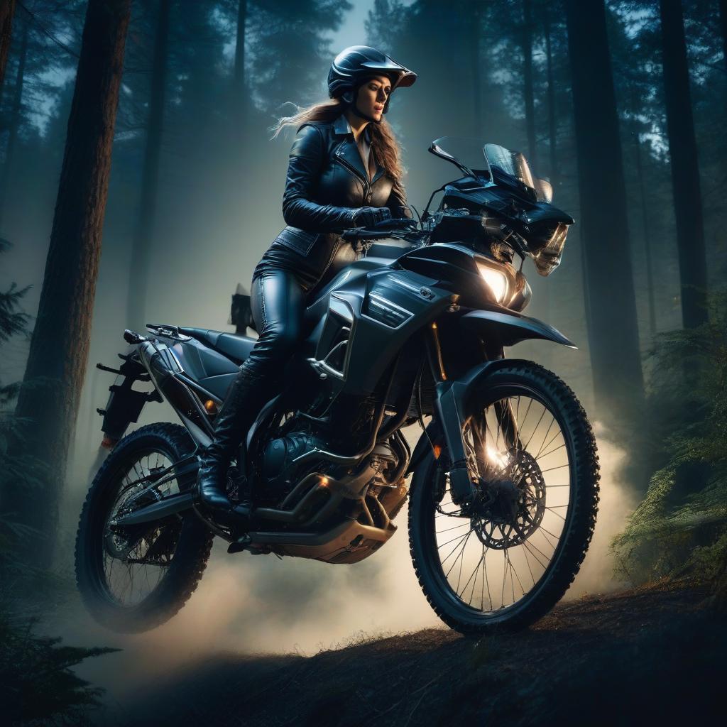  Double exposure, a girl rider against a backdrop of a night forest. hyperrealistic, full body, detailed clothing, highly detailed, cinematic lighting, stunningly beautiful, intricate, sharp focus, f/1. 8, 85mm, (centered image composition), (professionally color graded), ((bright soft diffused light)), volumetric fog, trending on instagram, trending on tumblr, HDR 4K, 8K