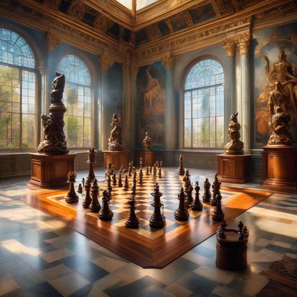  Oil painting. Surreal digital image. Distant background. Panoramic view. Two bronze statues playing chess. Background: hall in a museum. Surrealist abstractionism.Sabbas Aptheros, Alfonso Mucha, Karol Bak, Gustav Klimt. High detail. High quality. HDR hyperrealistic, full body, detailed clothing, highly detailed, cinematic lighting, stunningly beautiful, intricate, sharp focus, f/1. 8, 85mm, (centered image composition), (professionally color graded), ((bright soft diffused light)), volumetric fog, trending on instagram, trending on tumblr, HDR 4K, 8K