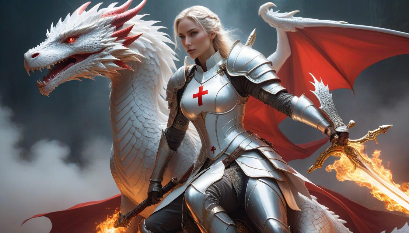  ethereal fantasy concept art of A tall woman, clad in light armor, white body armor with a red cross on its breastplate, sits astride a white dragon. In her right hand she holds a sword, and from her left hand emanates purifying fire. . magnificent, celestial, ethereal, painterly, epic, majestic, magical, fantasy art, cover art, dreamy hyperrealistic, full body, detailed clothing, highly detailed, cinematic lighting, stunningly beautiful, intricate, sharp focus, f/1. 8, 85mm, (centered image composition), (professionally color graded), ((bright soft diffused light)), volumetric fog, trending on instagram, trending on tumblr, HDR 4K, 8K