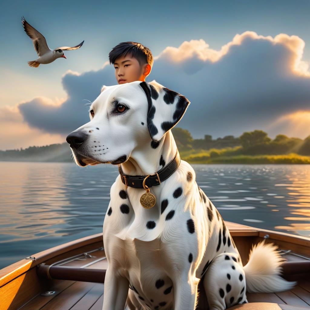  boy and dalmatian dog enjoying a tranquil boat ride among calm waters, surrounded by flying birds and a warm golden sunset. heavenly sun rays, divine bright soft focus, shrine in the clouds hyperrealistic, full body, detailed clothing, highly detailed, cinematic lighting, stunningly beautiful, intricate, sharp focus, f/1. 8, 85mm, (centered image composition), (professionally color graded), ((bright soft diffused light)), volumetric fog, trending on instagram, trending on tumblr, HDR 4K, 8K