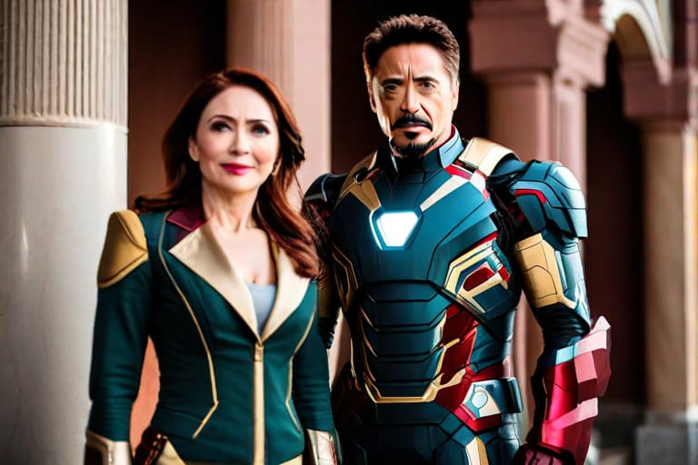  couple portrait of a man and a female fighting together man: tony stark, marvel cinematic universe, male, human, superhero, avenger, leader, skilled fighter, smart, optimistic, brave, confident, superhero, main character, wearing iron man armor female: russian woman in early thirties, shoulder-length brunette hair, brown eyes, natural makeup small scar on the right cheek, confident, snarky, superhero, leader, main character, wearing spy suit raw, vivid photo, high detailed skin, 8k uhd, dslr, cold lighting, high quality, cinematic lighting, couple portrait, 85mm, fujifilm xt3, f2.0, ultra-realistic, 8k, fm2.0, cinema4d, cute, hyper detail, full HD hyperrealistic, full body, detailed clothing, highly detailed, cinematic lighting, stunningly beautiful, intricate, sharp focus, f/1. 8, 85mm, (centered image composition), (professionally color graded), ((bright soft diffused light)), volumetric fog, trending on instagram, trending on tumblr, HDR 4K, 8K