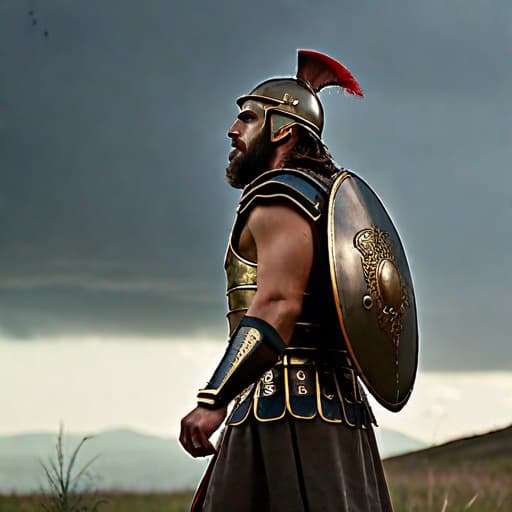  Side View of a Roman Warrior wearing a shield on his back,Overgrown,mystic,ethereal,darkness,muscular,spartan,more impressive beard,extreme detailed and ornamented armor,black armor,gold ornament, atmospheric haze,Film grain,cinematic film still,shallow depth of field,highly detailed,high budget,cinemascope,moody,epic,OverallDetail,2000s vintage RAW photo,photorealistic,candid camera,color graded cinematic,eye catchlights,atmospheric lighting,imperfections,natural,shallow dof,dynamic angle,full body,<lora:RMSDXL Darkness Cinema:0.8>,<lora:RMSDXL Enhance:0.8>,, high resolution,extreme detail hyperrealistic, full body, detailed clothing, highly detailed, cinematic lighting, stunningly beautiful, intricate, sharp focus, f/1. 8, 85mm, (centered image composition), (professionally color graded), ((bright soft diffused light)), volumetric fog, trending on instagram, trending on tumblr, HDR 4K, 8K