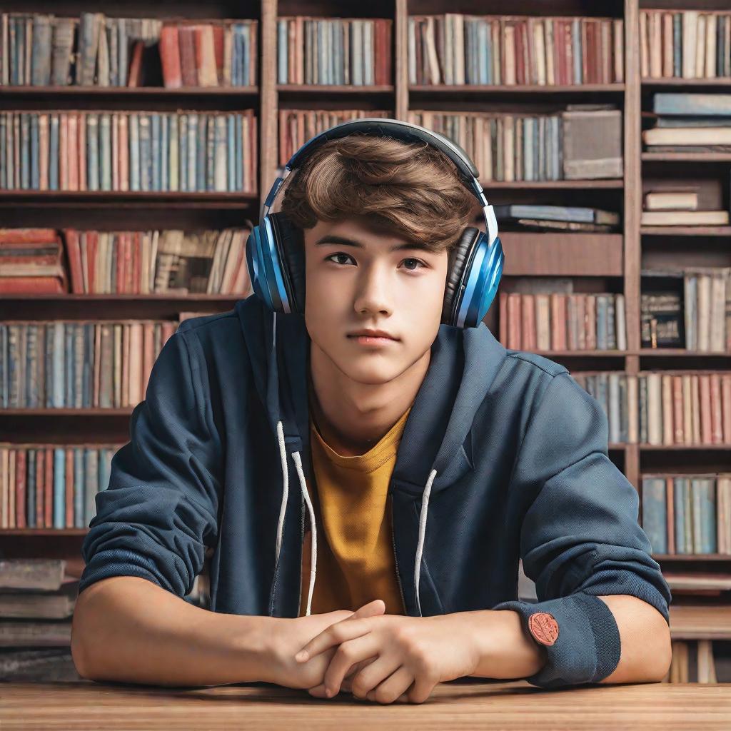  Masterpiece, best quality, high school student, male, wearing headphones, first day of high school, relaxed expression, looking forward to high school life