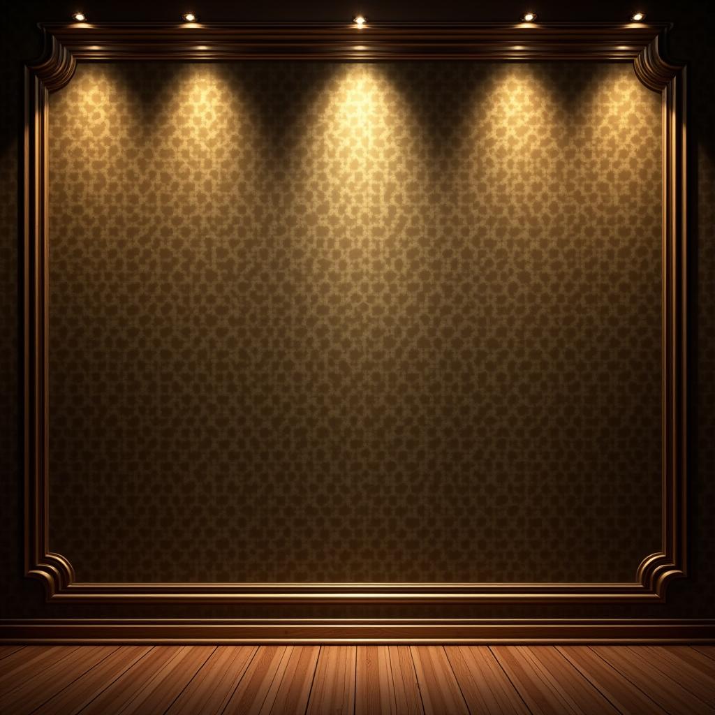  good quality, high quality, gold frames retro wallpaper with spotlights from above, creating a vintage and glamorous atmosphere