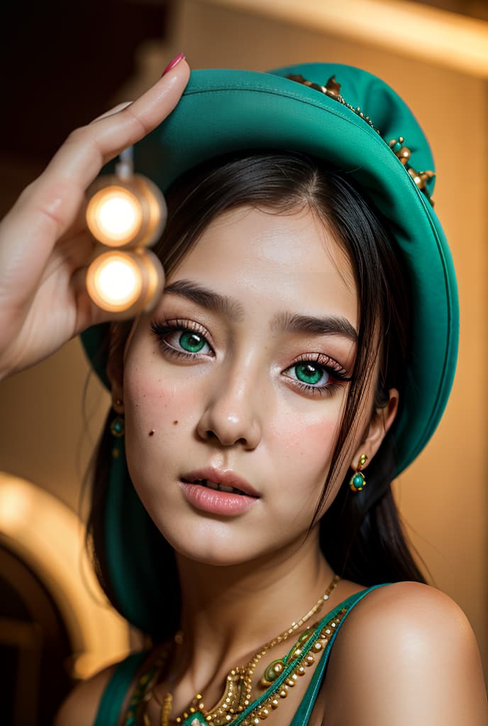  ADVERTISING PHOTO 1girl,18yo,solo,detailed face,realistic eyes,realistic skin, Half-Up Half-Down,advertising pose beautiful hand, Ethnic dress, cute look on her face,head and shoulders portrait, rococo style green turquoise gradient background high quality,masterpiece,extremely, detailed,high res,4k,detailed shadow,ultra realistic,realistic,dramatic lighting , ADVERTISING PHOTO,high quality, good proportion, masterpiece , The image is captured with an 8k camera