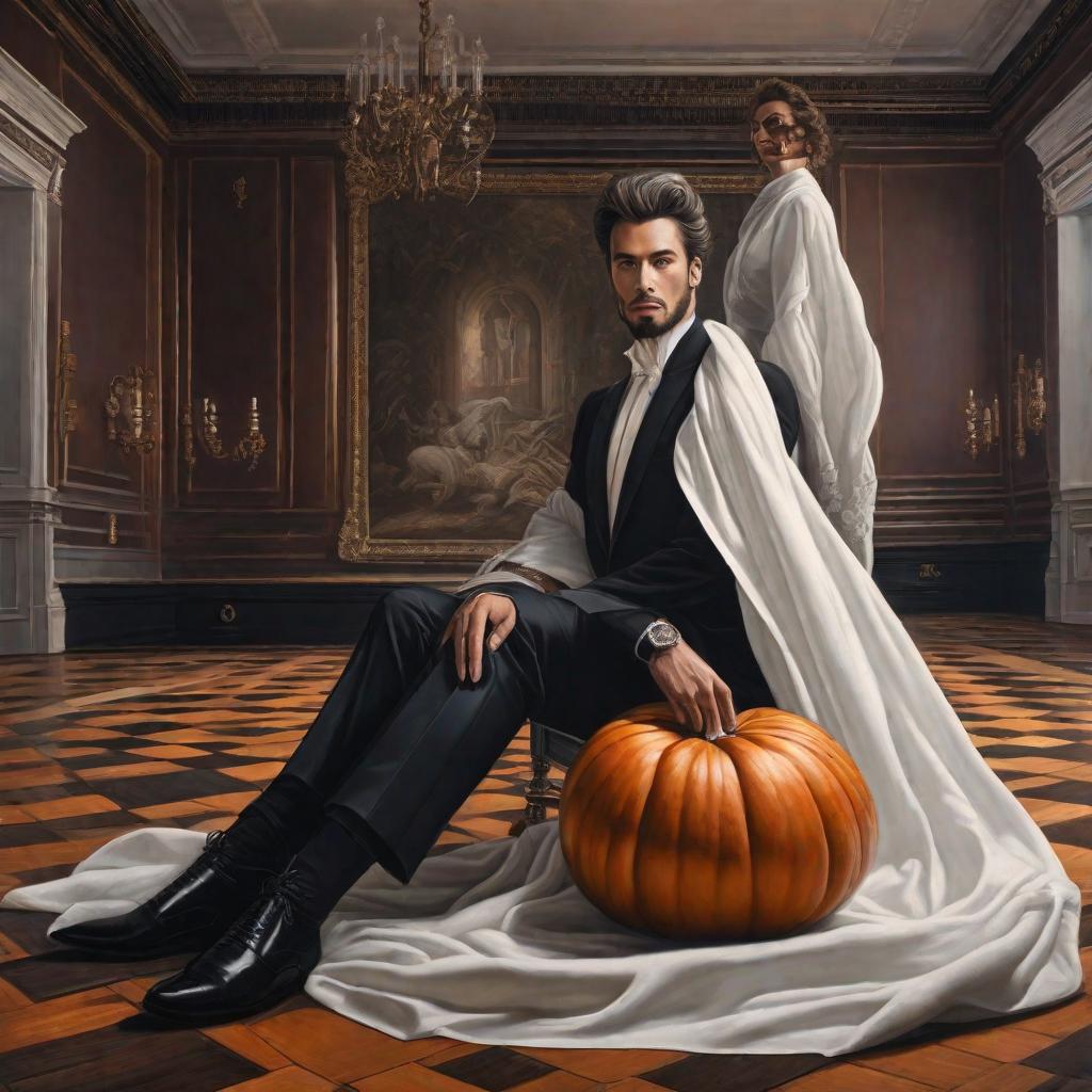  a painting painted in the style of REMBRANDO. VERY SMALL DARK EMPTY ROOM. EMPTY DARK WALL. WHITE CREATED FABRIC LYING ON THE FLOOR WITH A BLACK AND WHITE CHECKED PATTERN. THERE IS A HUGE PUMPKIN ON WHITE CREATED FABRIC., realistic, portrait, art by donato giancola and greg rutkowski, realistic face, digital art, trending on artstation hyperrealistic, full body, detailed clothing, highly detailed, cinematic lighting, stunningly beautiful, intricate, sharp focus, f/1. 8, 85mm, (centered image composition), (professionally color graded), ((bright soft diffused light)), volumetric fog, trending on instagram, trending on tumblr, HDR 4K, 8K