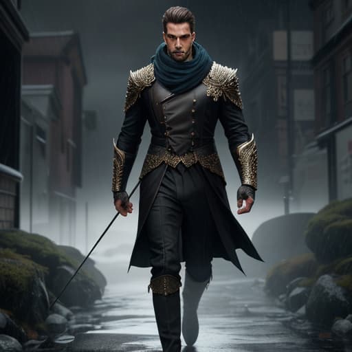  A man walking through a storm hyperrealistic, full body, detailed clothing, highly detailed, cinematic lighting, stunningly beautiful, intricate, sharp focus, f/1. 8, 85mm, (centered image composition), (professionally color graded), ((bright soft diffused light)), volumetric fog, trending on instagram, trending on tumblr, HDR 4K, 8K