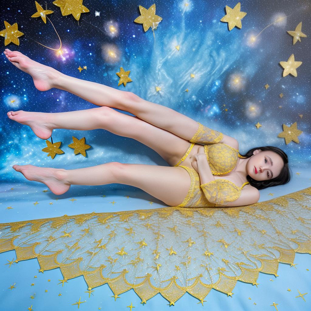  ultra detailed 16k resolution, photo realistic, high definition, high quality, highly detailed, clear and sharp, studio lighting, detailed natural skin, high quality sheer glitter, stars, hearts, light blue and yellow and black lace angel infused with a space galactic background