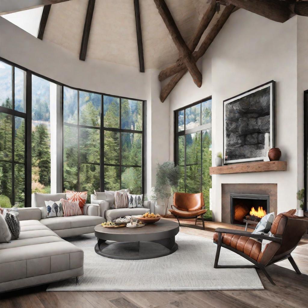   Design a cozy den with exposed wooden beams, a stone fireplace, and leather armchairs for a refined yet rustic feel. 8k, cinematic lighting, HDR