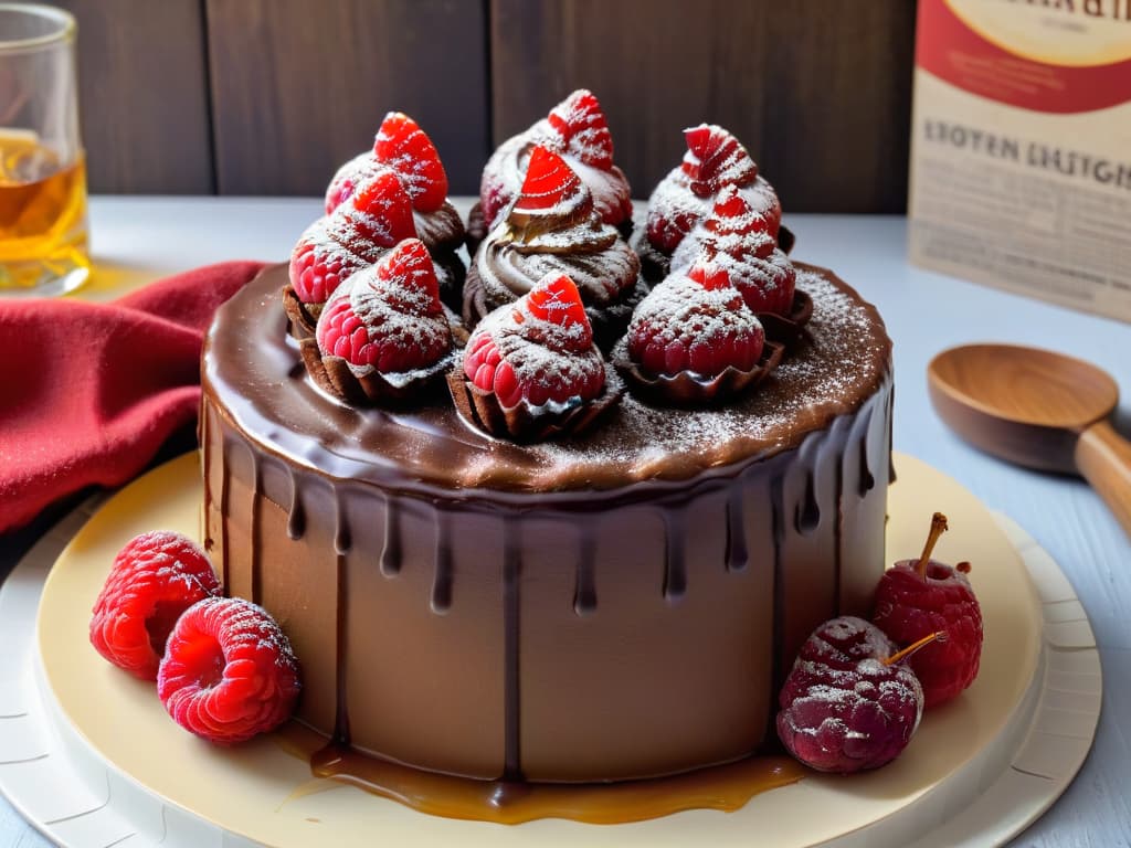  An ultradetailed and photorealistic image of a decadent vegan chocolate cake topped with a velvety chocolate ganache, fresh raspberries, and a drizzle of apple cider vinegar caramel sauce. The cake is placed on a rustic wooden table, with a few scattered apple cider vinegar bottles in the background, emphasizing the key ingredient's usage in vegan desserts. The lighting is soft, accentuating the glossy textures of the cake and the vibrant colors of the toppings. hyperrealistic, full body, detailed clothing, highly detailed, cinematic lighting, stunningly beautiful, intricate, sharp focus, f/1. 8, 85mm, (centered image composition), (professionally color graded), ((bright soft diffused light)), volumetric fog, trending on instagram, trending on tumblr, HDR 4K, 8K