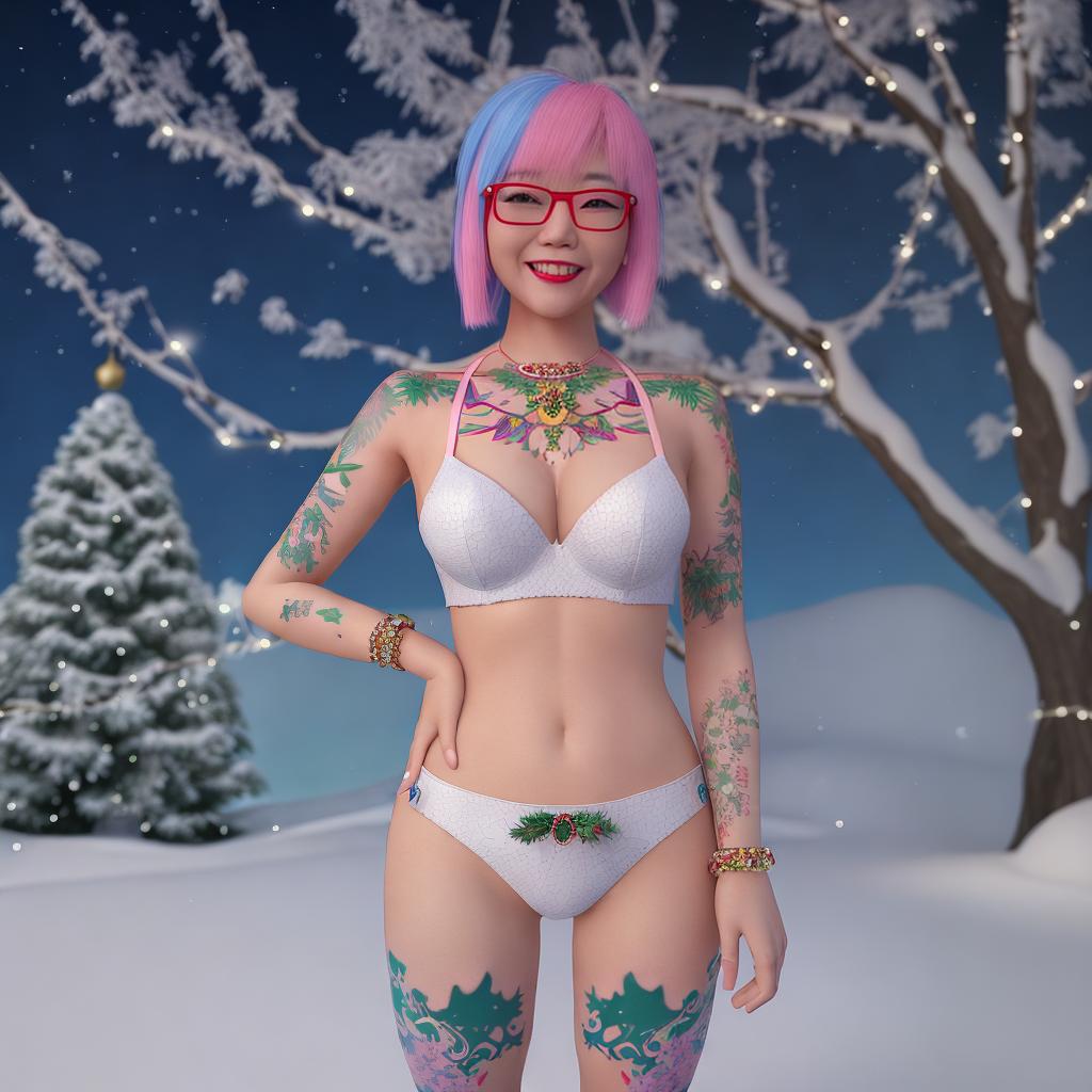  (full-body 3D render), a Thai woman standing in a snow covearea with crystal, smile, blue asymmetrical bob with pink hair highlighting, breasts, lipstick, (white+red bra and G-String:1.3), sky, optic glasses, tree, (colorful tattoos:1.35), starry sky, Christmas, crystal park, sexy pose