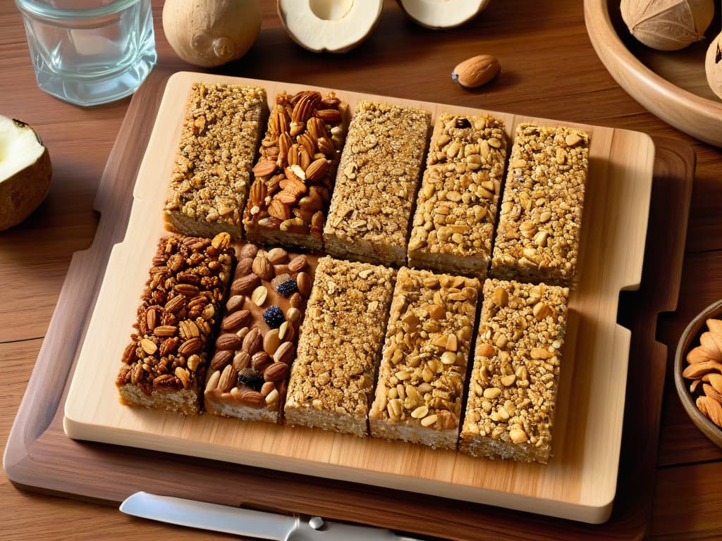  A photorealistic image of a wooden cutting board filled with freshly made homemade energy bars, showcasing various flavors and textures. The bars are carefully arranged, with ingredients like nuts, seeds, oats, and dried fruits visibly sticking out. The lighting is soft, casting gentle shadows, and there are subtle crumbs scattered around the board, conveying a sense of the bars being recently prepared. The colors are rich and vibrant, highlighting the natural ingredients used in the bars. hyperrealistic, full body, detailed clothing, highly detailed, cinematic lighting, stunningly beautiful, intricate, sharp focus, f/1. 8, 85mm, (centered image composition), (professionally color graded), ((bright soft diffused light)), volumetric fog, trending on instagram, trending on tumblr, HDR 4K, 8K