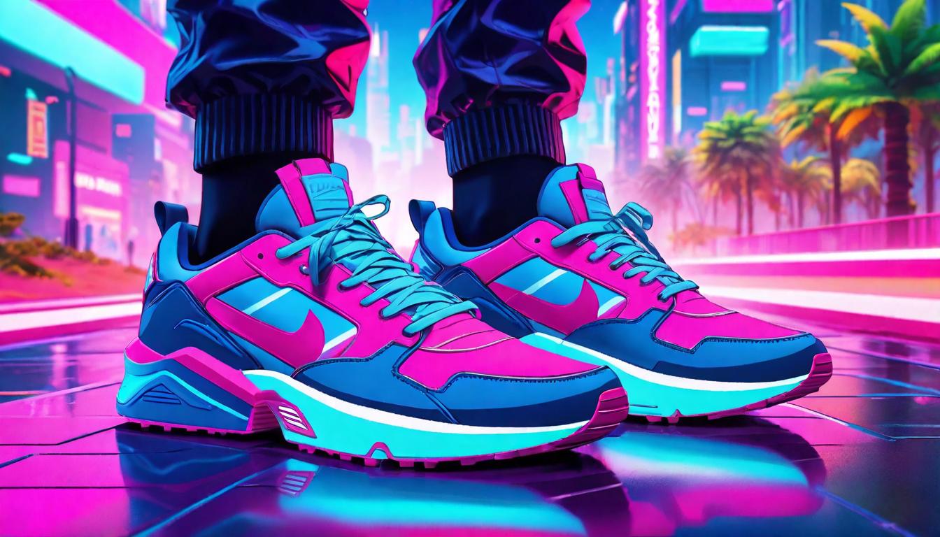  vaporwave,cyberpunk game style A pair of running shoes on a path through a tranquil park, representing the importance of physical exercise for managing stress, determined, healthyeon, dystopian, futuristic, digital, vibrant, detailed, high contrast, reminiscent of cyberpunk genre video games,retro aesthetic, cyberpunk, vibrant, neon colors, vintage 80s and 90s style, highly detailed