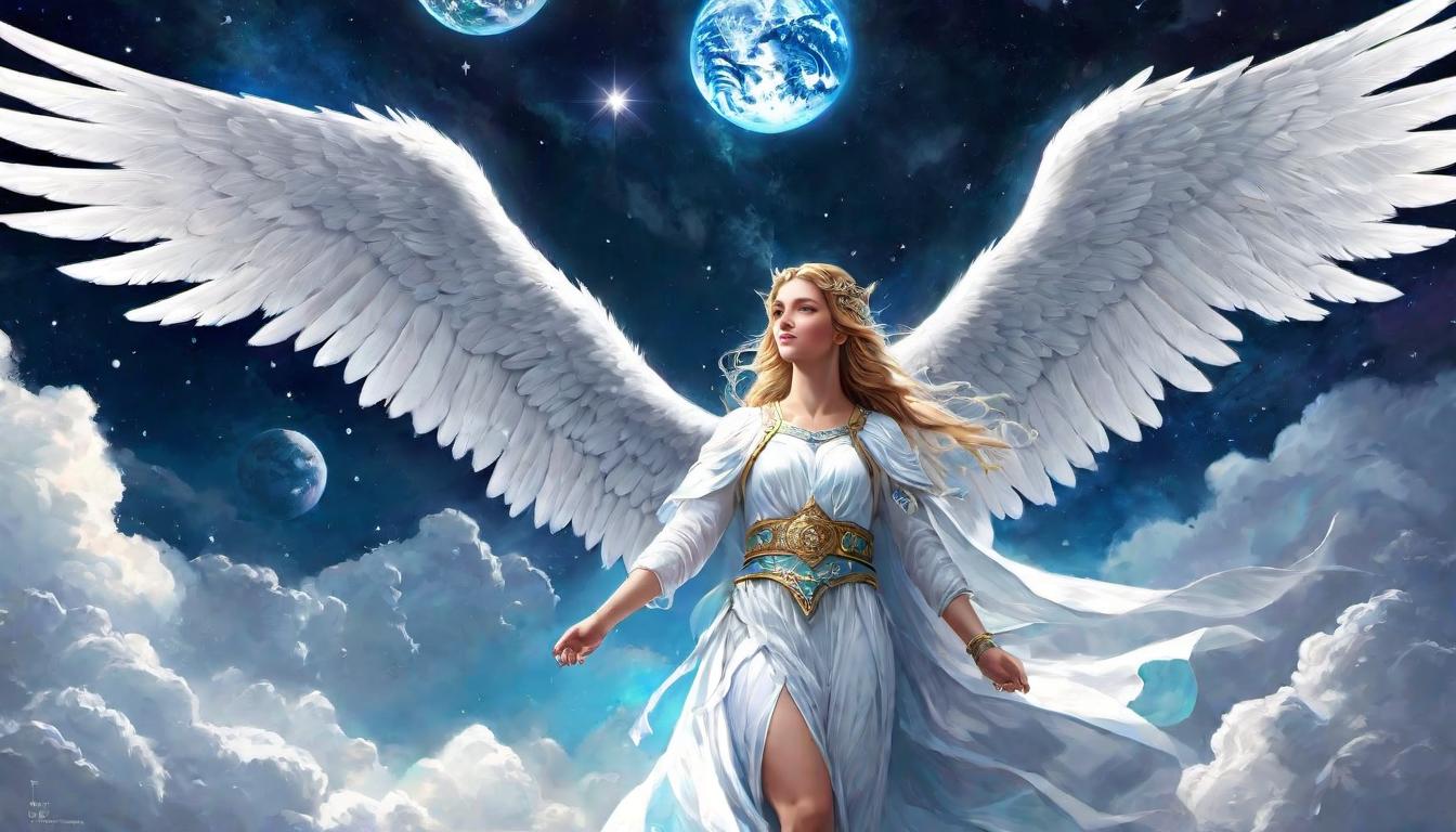  digital illustration, Angelic figures observing Earth from above, ethereal, supportive gaze, celestial guardianship, pride, soaring spirits, looking at viewer, dynamic pose, (intricate details, masterpiece, best quality)