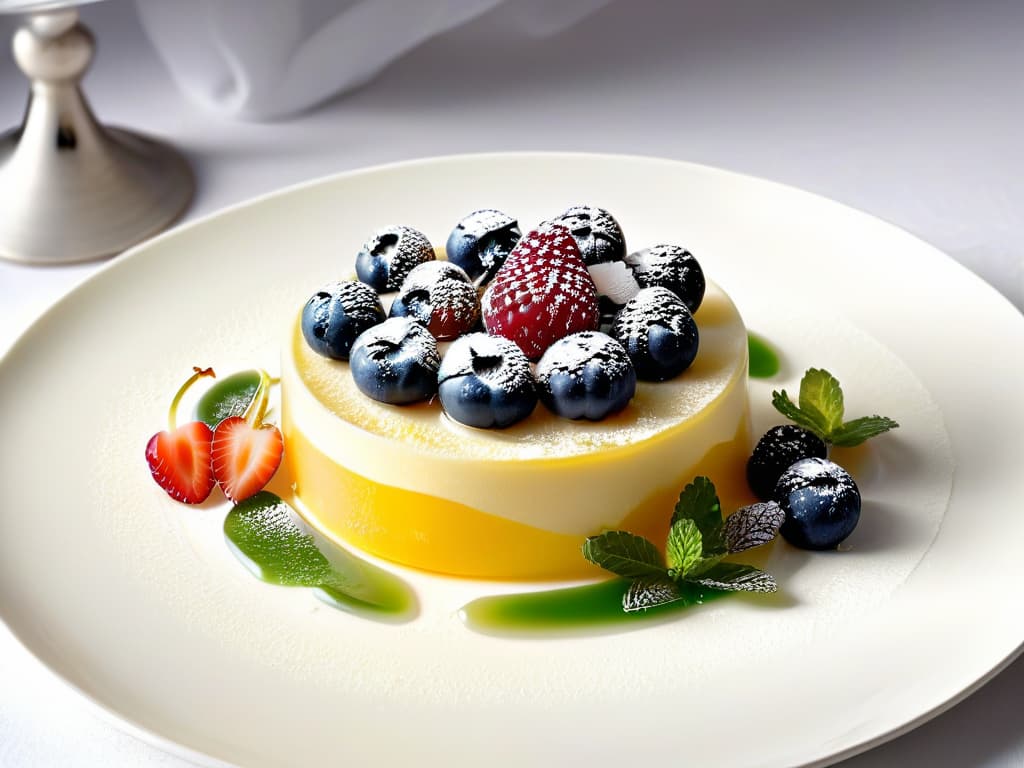  A closeup, ultrahighdefinition image of a perfectly clear, glossy gelatin dessert elegantly set on a pristine white plate. The dessert is delicately garnished with vibrant, fresh berries and mint leaves, showcasing impeccable precision in the presentation. The reflective surface of the dessert captures the surrounding light, emphasizing its smooth texture and intricate details. This minimalist composition exudes sophistication and artistry, making it a visually striking addition to the article on modern pastry techniques. hyperrealistic, full body, detailed clothing, highly detailed, cinematic lighting, stunningly beautiful, intricate, sharp focus, f/1. 8, 85mm, (centered image composition), (professionally color graded), ((bright soft diffused light)), volumetric fog, trending on instagram, trending on tumblr, HDR 4K, 8K