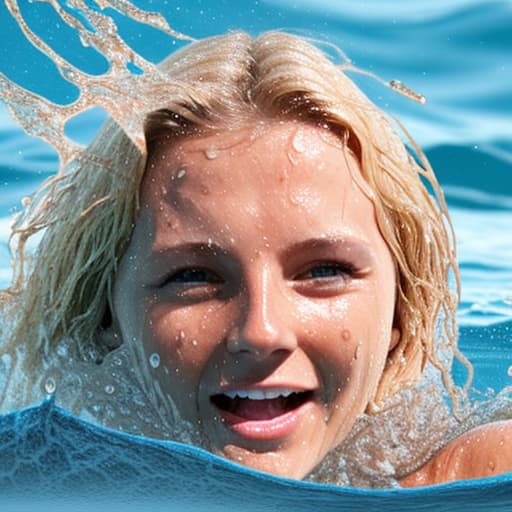  tanned blonde woman's face is in the water she's drowning and panic a lot of water waves and splashes around her