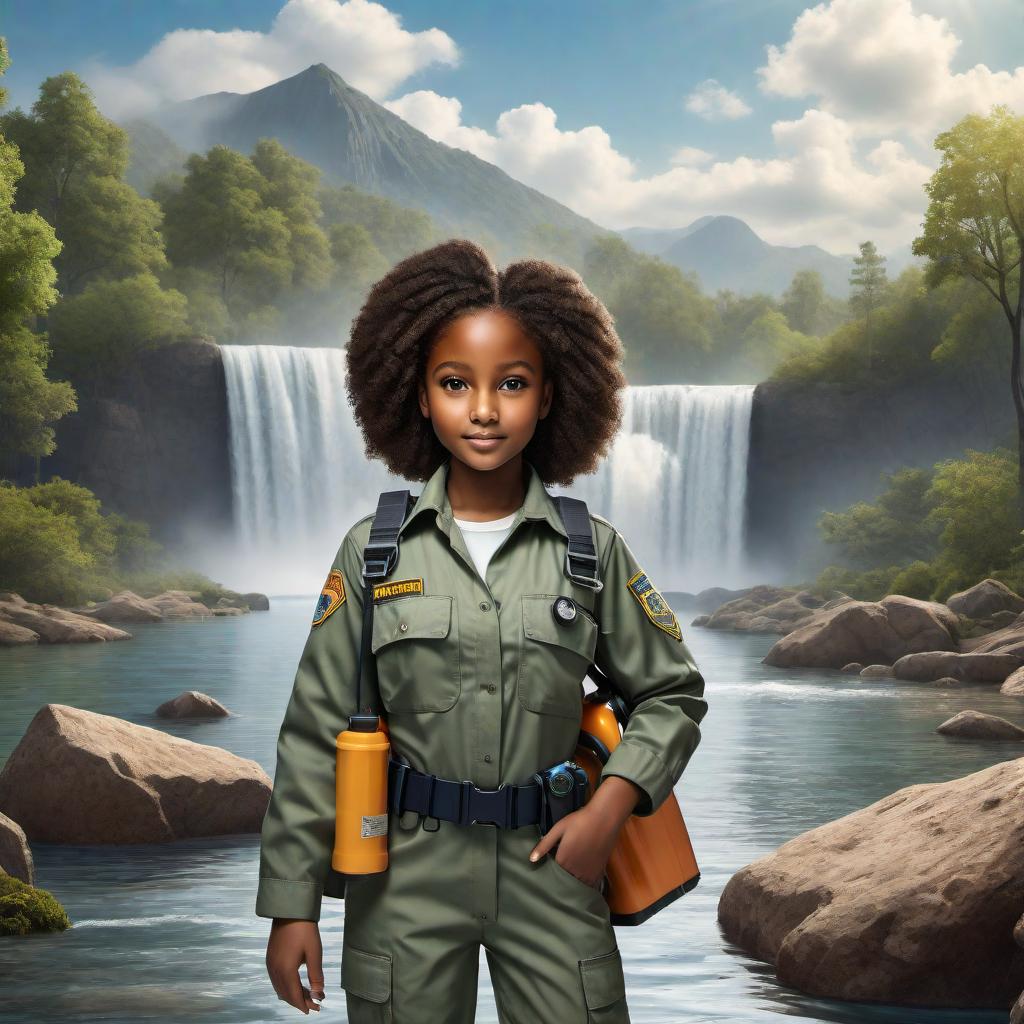  Using the provided image as inspiration, create a realistic cartoon of a 10-year-old African-American little girl portraying a hydrologist. She should have an Afro hairstyle, with features reflecting her African-American heritage, including brown skin and dark eyes. She should be wearing a work uniform suitable for a hydrologist, possibly with a tool belt or holding related tools such as water sampling equipment. Ensure the cartoon style realistically portrays her as a child while highlighting her role as a hydrologist. The background should be simple to keep the focus on the girl and her professional attire. hyperrealistic, full body, detailed clothing, highly detailed, cinematic lighting, stunningly beautiful, intricate, sharp focus, f/1. 8, 85mm, (centered image composition), (professionally color graded), ((bright soft diffused light)), volumetric fog, trending on instagram, trending on tumblr, HDR 4K, 8K