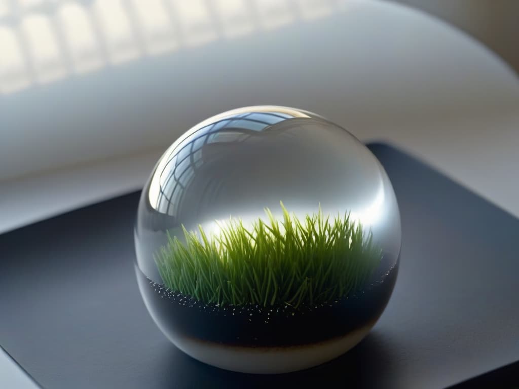  An ultradetailed closeup image of a transparent spherical gellike orb filled with tiny suspended silver edible pearls, reflecting a soft ambient light that creates a mesmerizing play of shadows and highlights on its surface. The orb sits delicately on a sleek, matte black plate, contrasting the intricate details of the molecular gastronomy creation against the minimalist backdrop, emphasizing the futuristic and avantgarde nature of the dish. hyperrealistic, full body, detailed clothing, highly detailed, cinematic lighting, stunningly beautiful, intricate, sharp focus, f/1. 8, 85mm, (centered image composition), (professionally color graded), ((bright soft diffused light)), volumetric fog, trending on instagram, trending on tumblr, HDR 4K, 8K