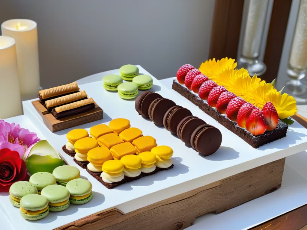  A beautifully arranged and intricately designed vegan, glutenfree dessert table featuring an array of colorful and delicious treats such as vegan macarons, glutenfree brownies, coconut truffles, and chia seed pudding. The table is elegantly decorated with fresh flowers, greenery, and modern, minimalist serving platters, creating a visually stunning and inclusive spread that embodies the essence of the article's message. hyperrealistic, full body, detailed clothing, highly detailed, cinematic lighting, stunningly beautiful, intricate, sharp focus, f/1. 8, 85mm, (centered image composition), (professionally color graded), ((bright soft diffused light)), volumetric fog, trending on instagram, trending on tumblr, HDR 4K, 8K