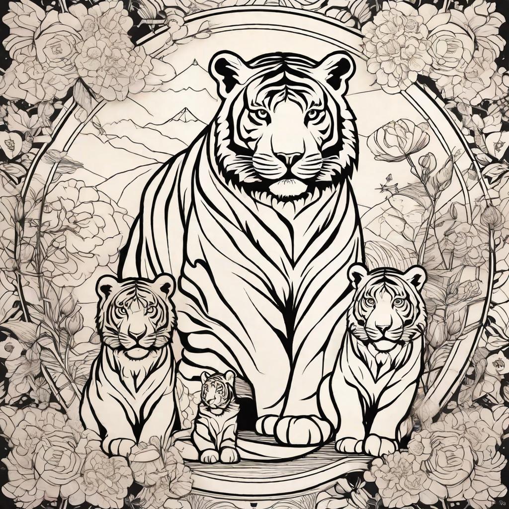  masterpiece, best quality, Create a tattoo simple line design featuring a mother tiger two female cubs. One cub should have an indian bindi on the forehead and be surrounded by marigold and cosmos flowers. The other cub should be adorned with chrysanthemum and peony flowers. The mother lioness should be depicted with roses and honeysuckle.