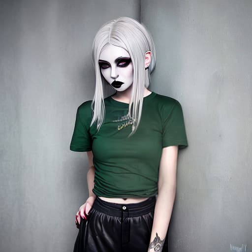  1girl, silver hair, green eyes, grey T-shirt, red saggy pants, Gothic makeup