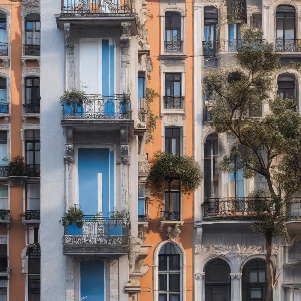  un edificio alargado azul de dos plantas, con un edificio a la derecha blanco de cinco plantas sin ventanas al lateral, solo en el fontal, a la izquierda tiene un edificio de dos plantas blanco con las ventanas al frontal. El edificio azul tiene en la primera planta a la derecha del todo una puerta de garaje gris que a su vez enfrente tiene una papelera y un arbusto en una maceta marrón. La puerta del garaje tiene tres columnas, dos a los extremos y una en el medio, la del medio está cortada para que puedan pasar los coches, las columnas tienen un final en forma de plato y puerto arriba de ellas hay un balcón estilo modernista con ventanas a los lados y también columnas. A la izquierda de la puerta después de la columna hay un escapar hyperrealistic, full body, detailed clothing, highly detailed, cinematic lighting, stunningly beautiful, intricate, sharp focus, f/1. 8, 85mm, (centered image composition), (professionally color graded), ((bright soft diffused light)), volumetric fog, trending on instagram, trending on tumblr, HDR 4K, 8K