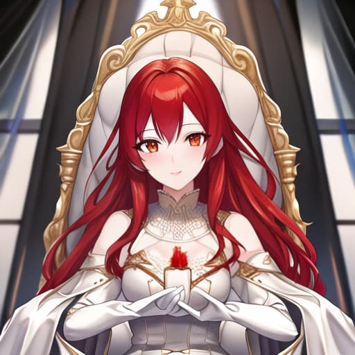  a girl manhua character with red hair and white eyes with white skin wearing noble dress and siting on the throne hyperrealistic, full body, detailed clothing, highly detailed, cinematic lighting, stunningly beautiful, intricate, sharp focus, f/1. 8, 85mm, (centered image composition), (professionally color graded), ((bright soft diffused light)), volumetric fog, trending on instagram, trending on tumblr, HDR 4K, 8K