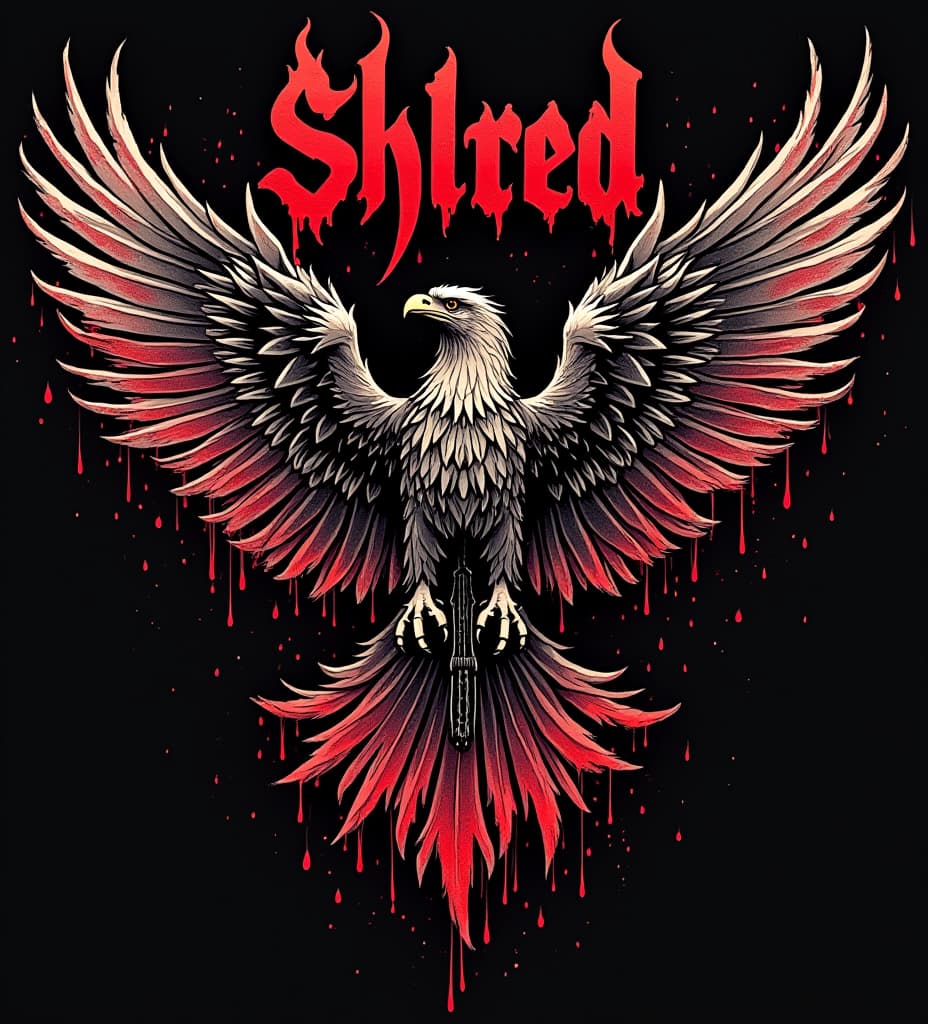  good quality, high quality, death metal shirt design. there are designs related to twitch streaming, metal music, the guitar is a wylde audio blood eagle. the word "shred on top of the design