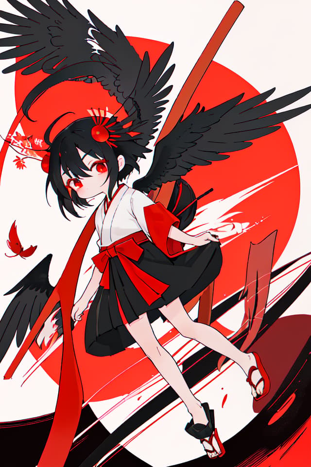  Tengu, wearing a long hem hakama, red tengu wings growing on the back, fan, little girl, legs, black hair