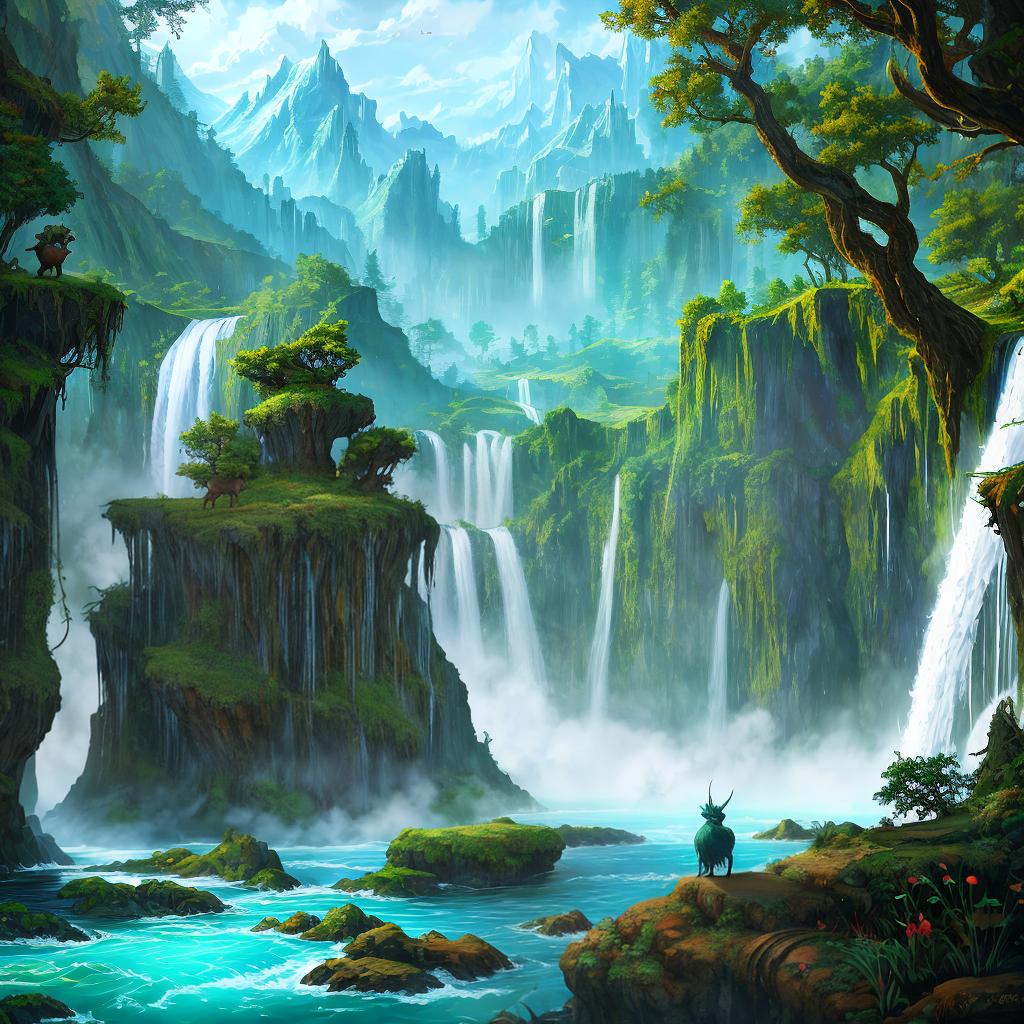  in a fantasy setting, Paint a surreal landscape where mythical beasts roam amidst cascading waterfalls.