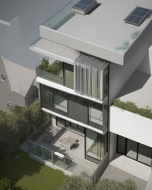  From a street facing perspective, a sleek and contemporary house with aluminum doors in a modern architectural style comes into view. The facade is a harmonious blend of white and dark gray tones, creating a striking contrast against the lush green landscape that surrounds it. The bright daylight illuminates every detail, showcasing the clean lines and minimalist design of the building. The aluminum doors, with their sleek frames and large panes of glass, invite the outside in, blurring the line between indoor and outdoor living spaces. This rendering captures the essence of modern architecture, with its focus on functionality, sustainability, and aesthetics.
