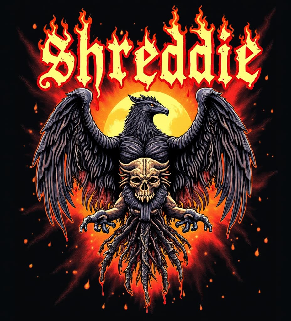  good quality, high quality, thrash metal shirt design. 1980s design. with fire and melting elements are part of design. organs are strewn about. the letters "shreddie" on top of the design. wild western themes and design elements are on the shirt as well