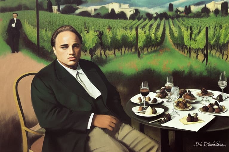  Marlon Brando the godfather, Don Vito in Italy and a vineyard dressed in modern designer attire. Foreground plates of fine dark chocolates on a table. Background vineyard Painting style of Edgar Degas